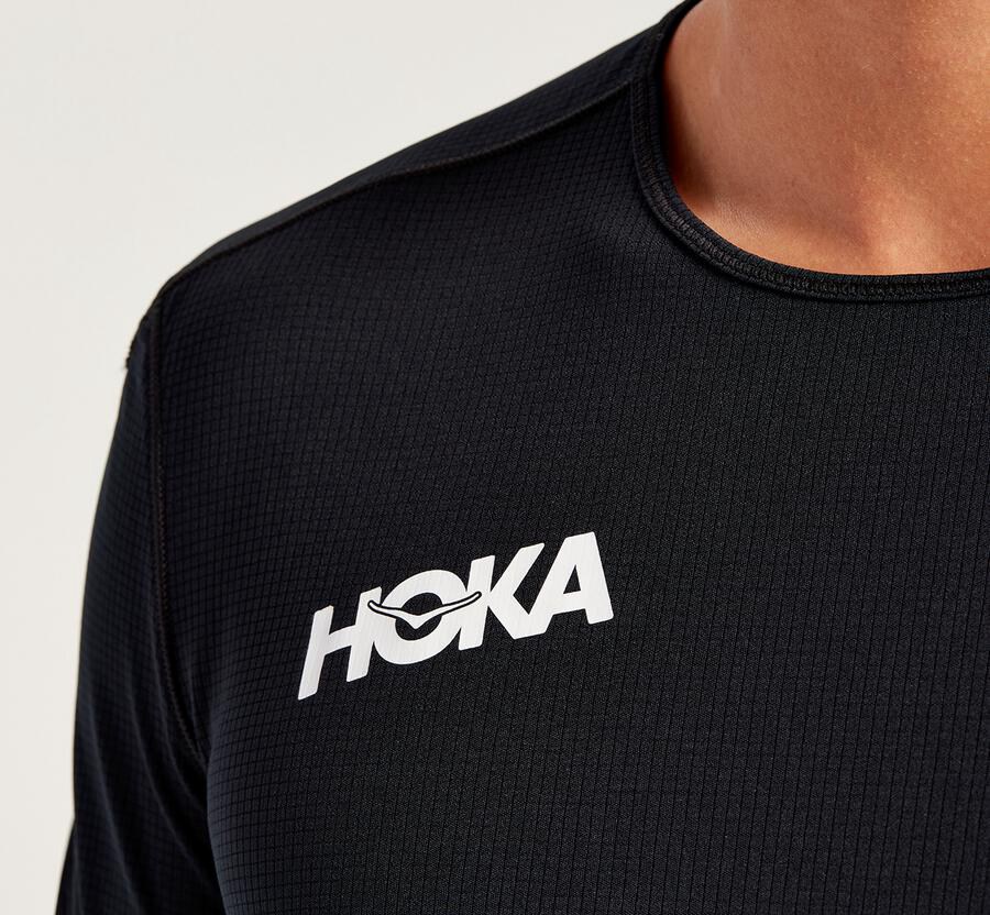 Top Hoka One One Hombre Negros - Performance Short Sleeve - DWUO83609